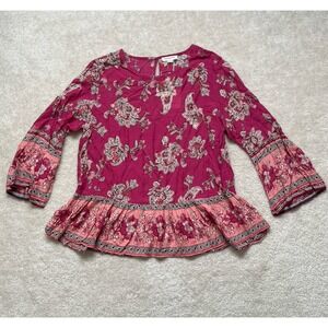 Beach Lunch Lounge Suzy Boho Floral Tunic Blouse Garnet Rose Border Large NWT